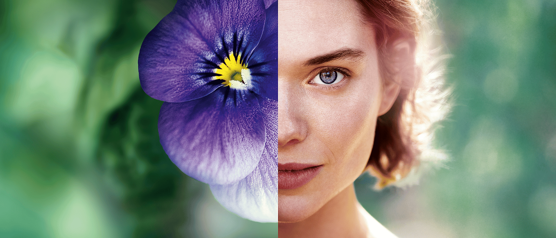 mitad de la imagen con el rostro de una mujer y la otra mitad una flor