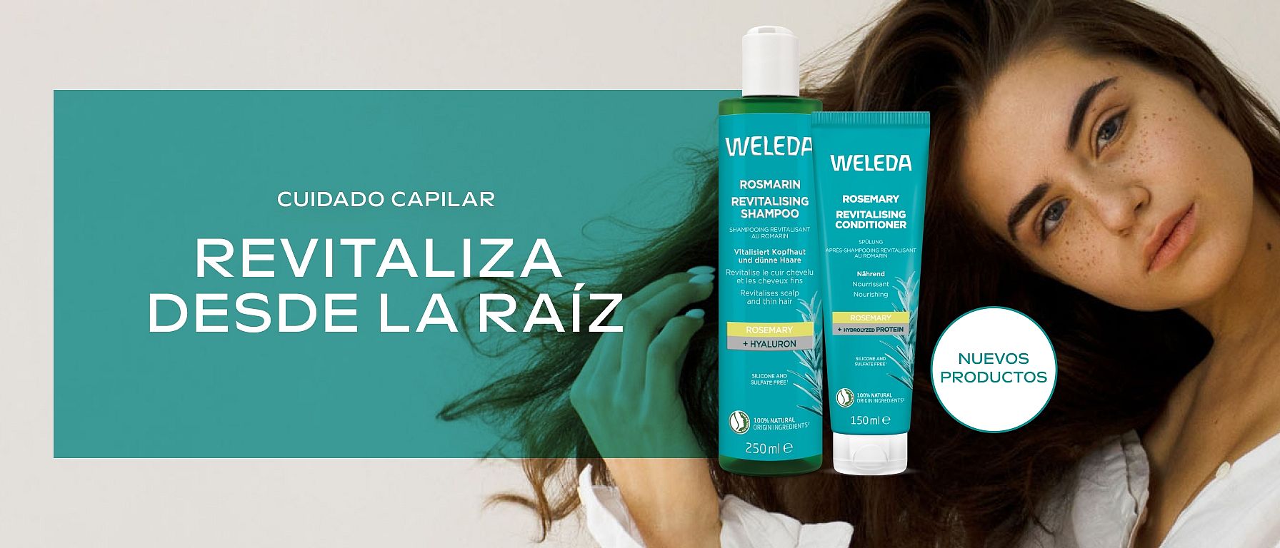 Modelo tocándose el pelo junto a los nuevos productos de la línea capilar de romero