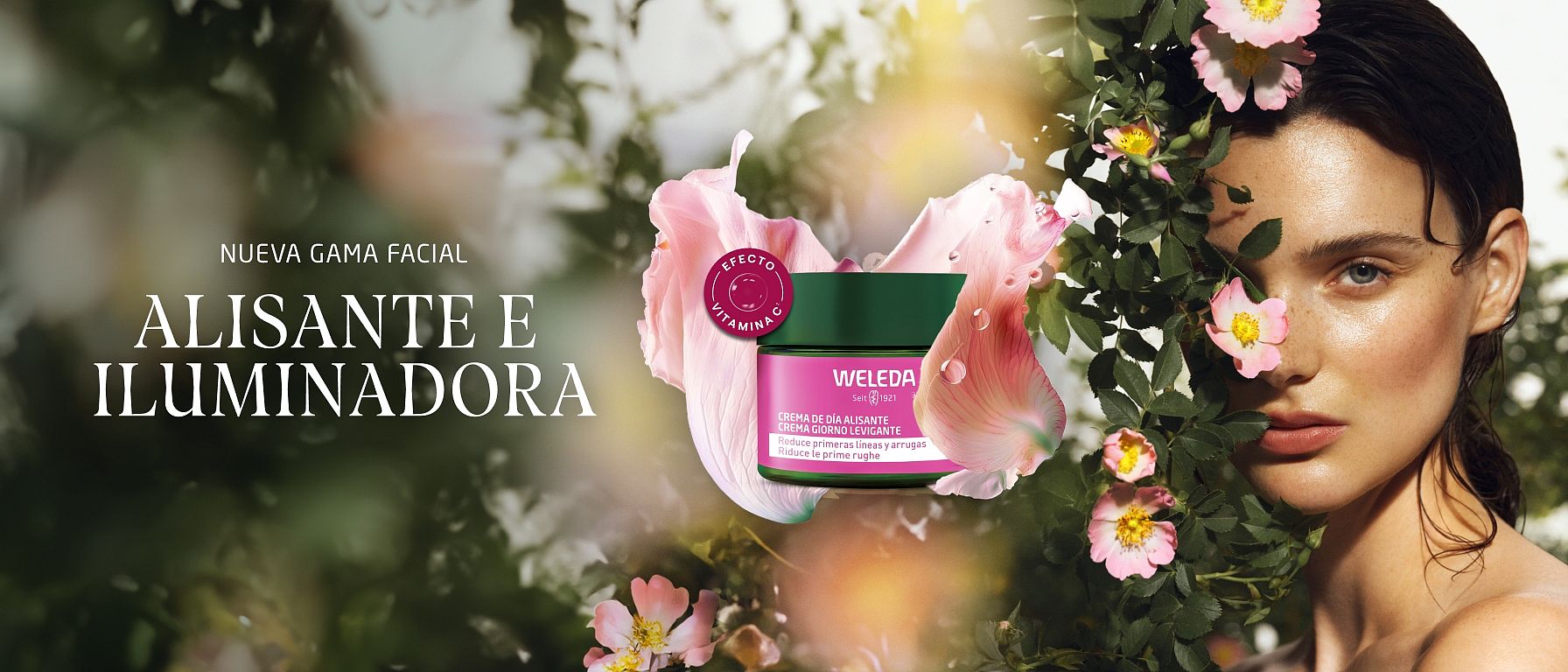 cabecera nueva gama crema facial de rosa mosqueta y te blanco alisante e iluminadora