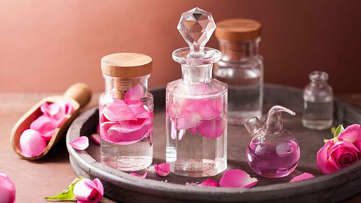 botes de perfume con petalos de rosa