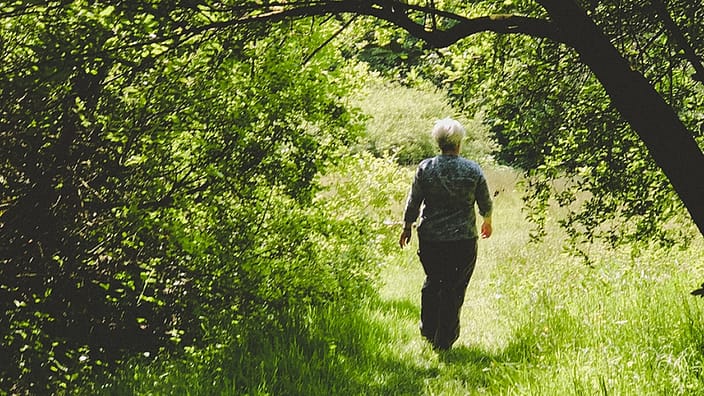 mujer caminando por el bosque