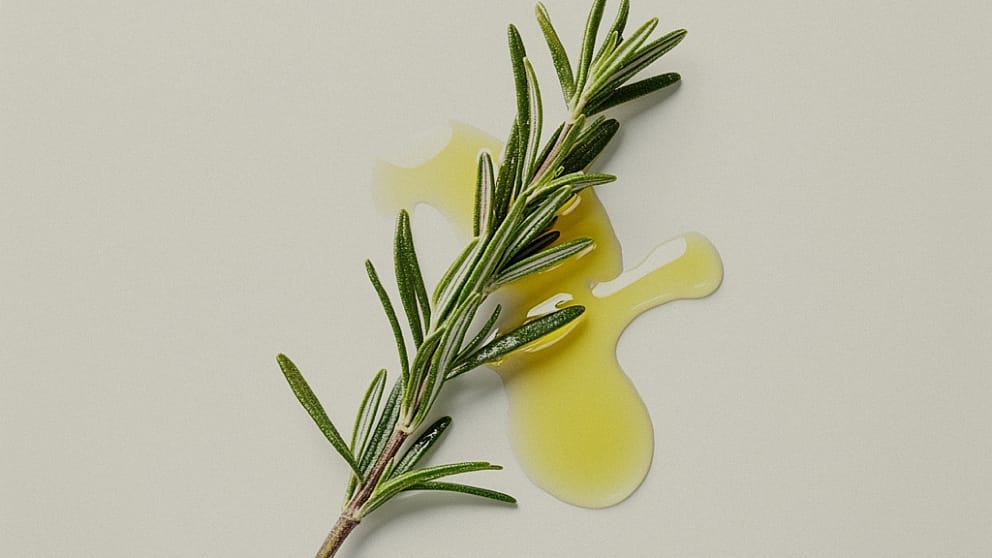 rosemary branch with oil in the background